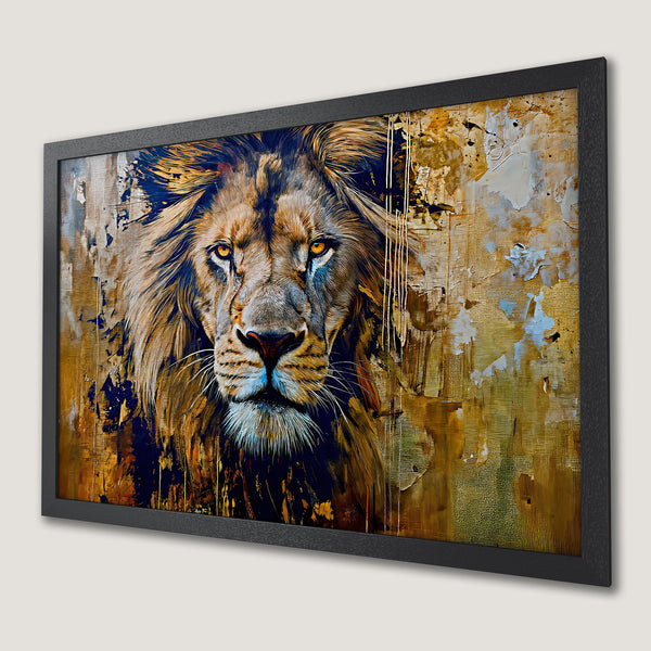 Framed Poster of a majestic lion, abstract art style, warm gold and brown tones. Add a touch of wild to your space!