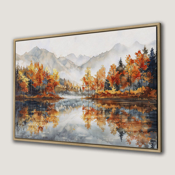 Canvas Print of a serene watercolor landscape with autumn trees, mountains, and a lake. Warm orange, yellow, and blue color palette.