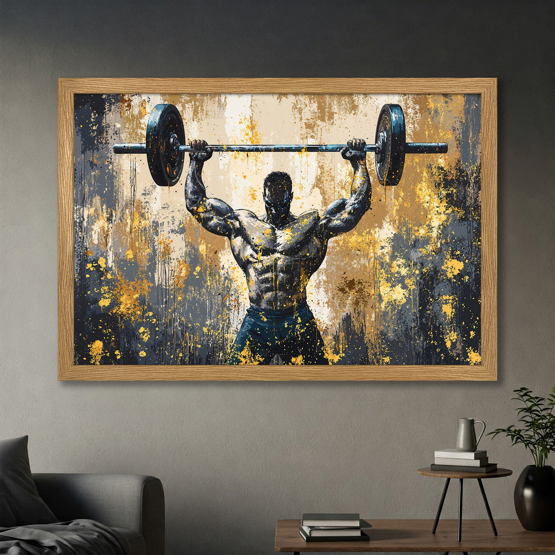 Framed Poster of a weightlifter in an abstract style with a gold, grey, and black color palette. Perfect for your home gym!