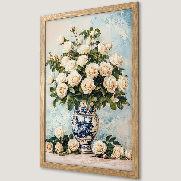 Framed Poster featuring a floral still life of white roses in a blue and white vase, with a soft, vintage color palette.