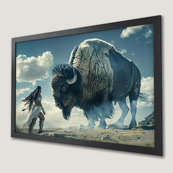 Framed Poster featuring a Native American woman and a bison, with a fantasy style and a muted blue and brown color palette.