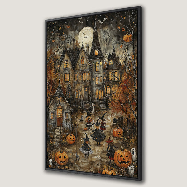 Framed Wall Art: Spooky Halloween scene with witches, pumpkins, and a haunted house. Warm autumnal color palette. Perfect for seasonal decor.