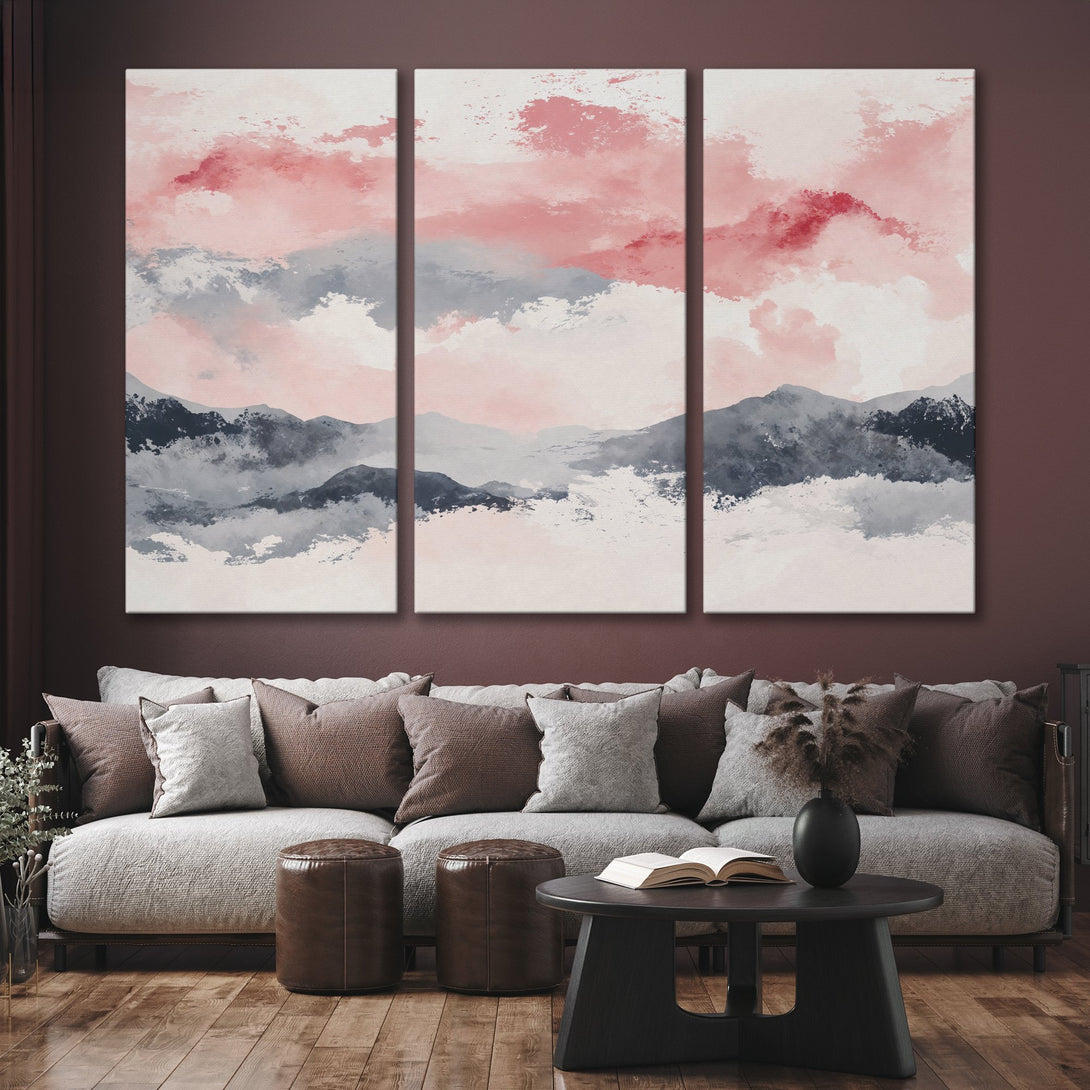 Abstract Canvas Print of a mountain landscape in blush pink, gray, and white tones. Modern art for your home decor.