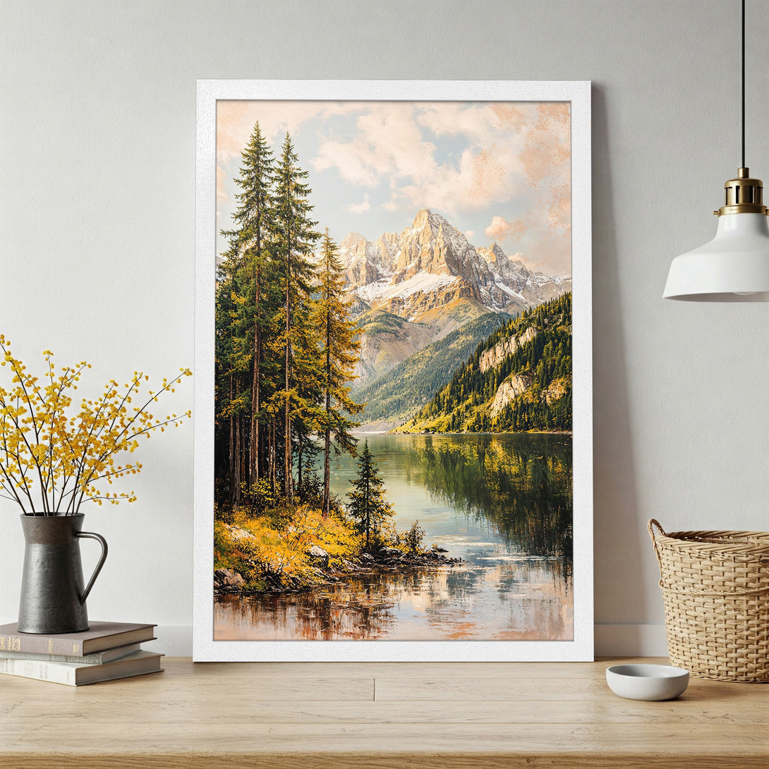 Framed Poster of a serene mountain lake landscape in a vintage style with a warm, earthy color palette, perfect for home decor.