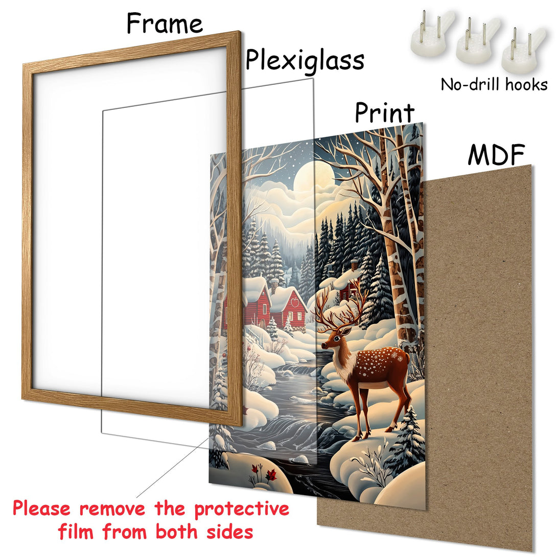 Framed Poster featuring a winter scene with a deer, in a warm, inviting color palette. Perfect wall art for your home!