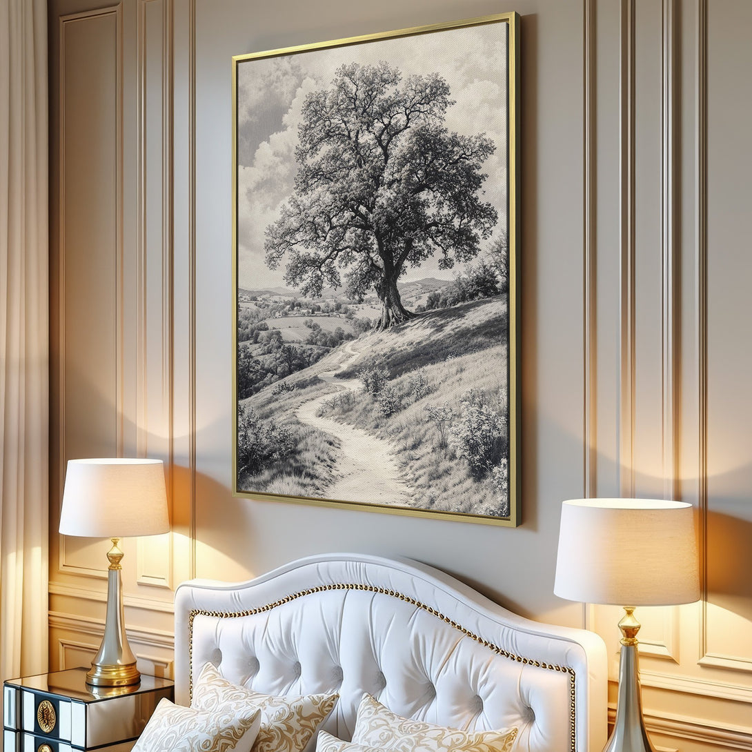 Canvas Print of a majestic tree landscape in monochrome, perfect for adding a touch of nature to your home decor. Neutral color palette.
