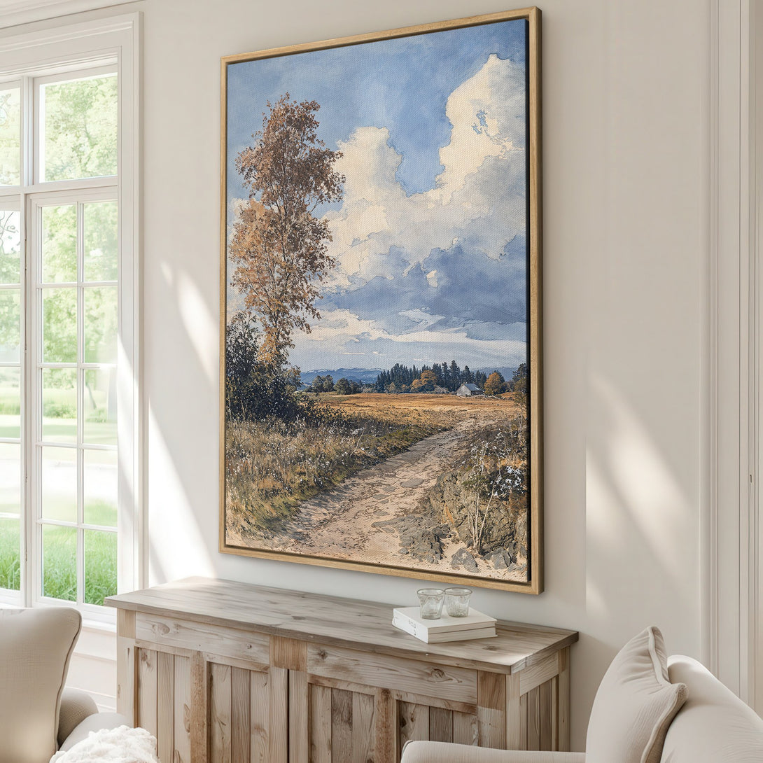 Framed Wall Art: Landscape Canvas Print with a serene watercolor style, featuring a path through a field, blue sky, and muted earth tones. Perfect for home decor!
