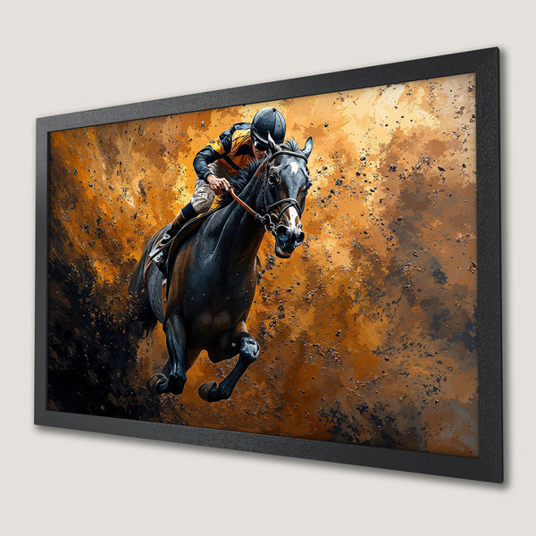 Framed Poster of a racehorse and jockey in action, dynamic art with a warm, earthy color palette.