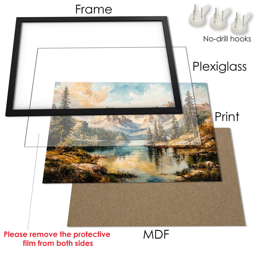 Framed Poster of a serene lake landscape in warm tones. Perfect wall art for your home.
