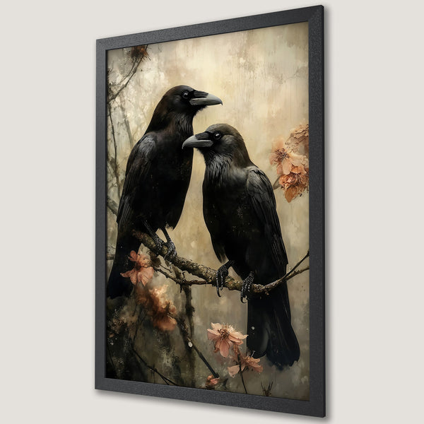 Framed Poster featuring two ravens on a branch, artistic style, neutral & muted color palette. Perfect wall art for any room.