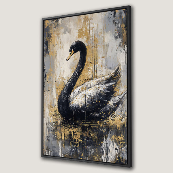 Framed Wall Art: Elegant black swan painting with gold accents. Modern, luxurious canvas print in a sophisticated gray and gold color palette. Enhance your decor!