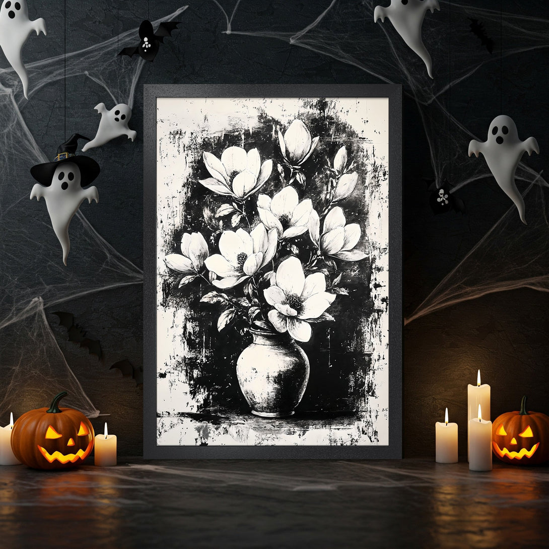 Framed Poster of white flower bouquet, abstract style, black and white color palette, perfect for Halloween decor.