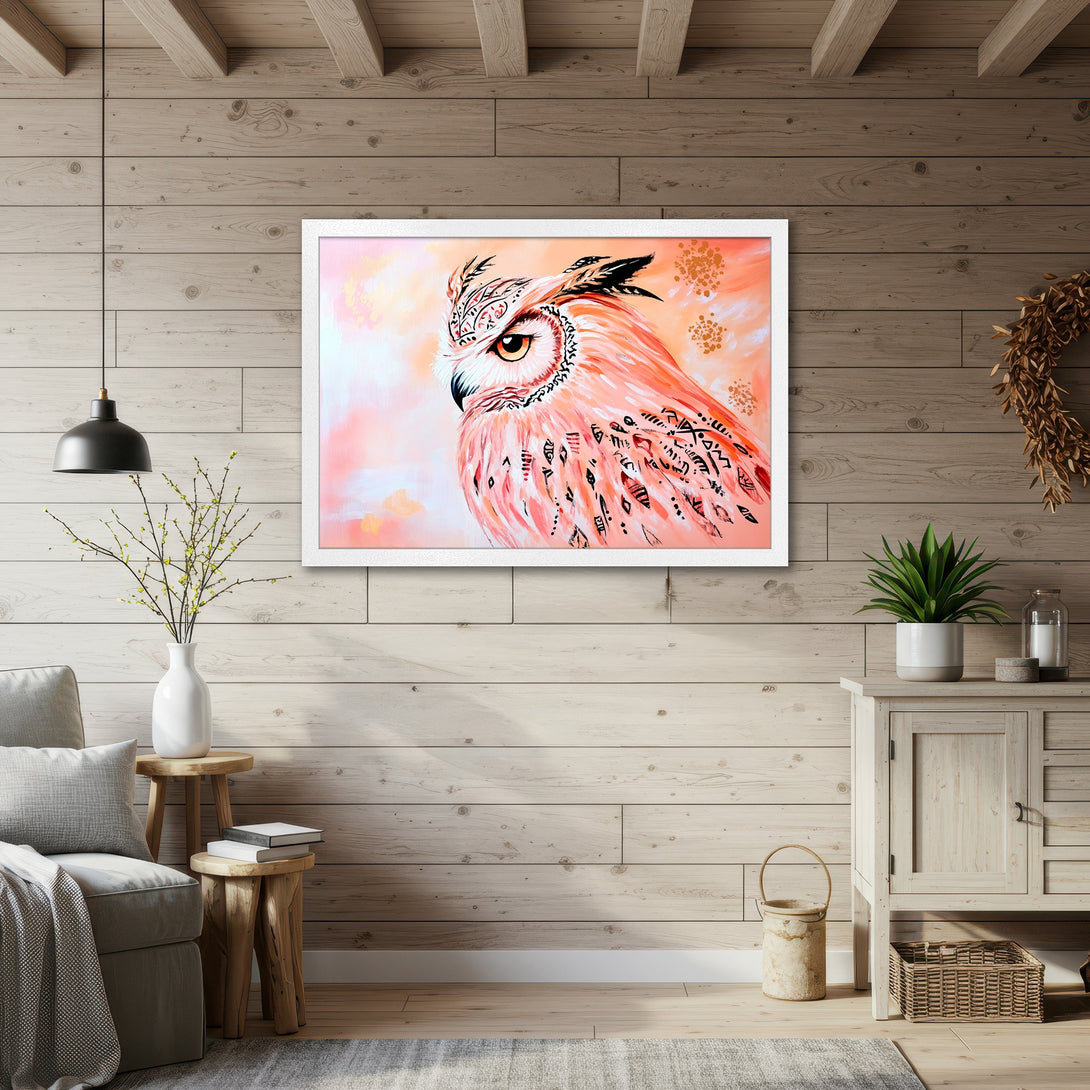 Framed Poster of a stylized owl in pink and orange hues. Perfect wall art for a modern, bohemian home.
