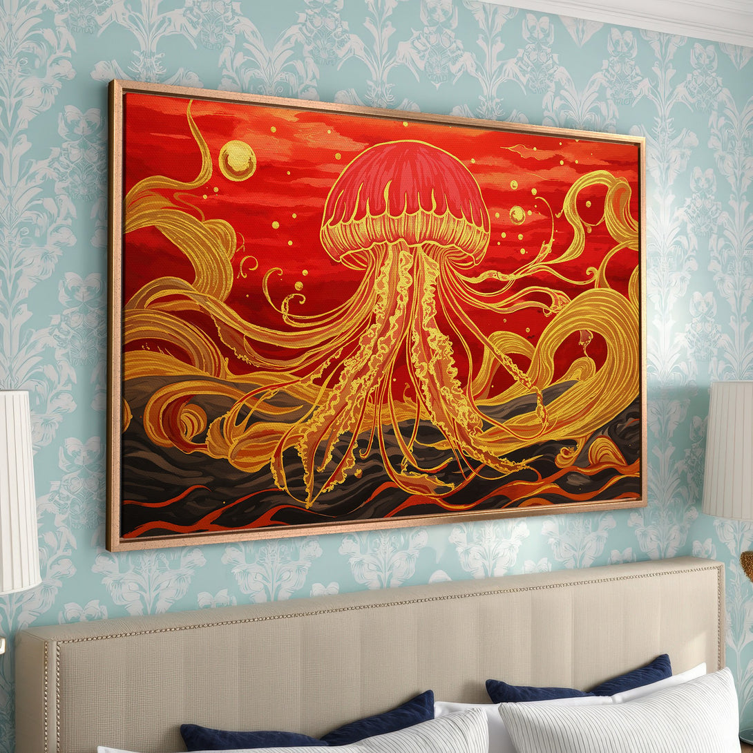 Framed Wall Art: Stunning jellyfish art in vibrant red and gold tones. Add a touch of elegance to your space with this beautiful Canvas Print!