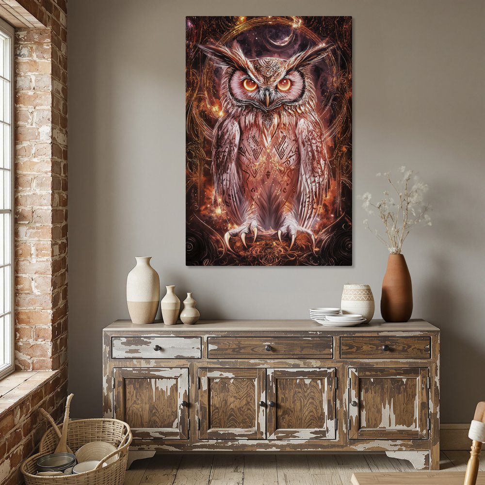 Framed Wall Art: Majestic owl print in warm orange and red hues. Unique, artistic style. Perfect for home decor.