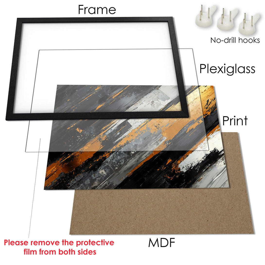 Framed Poster with abstract art in gray, black, and orange. Modern wall art for your home decor.