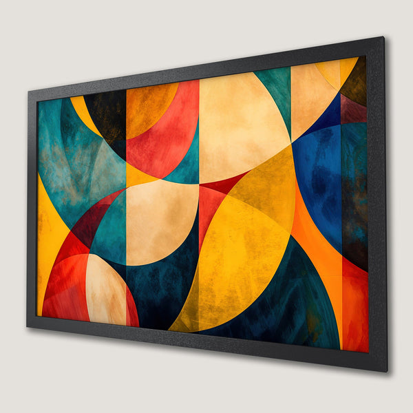 Framed Poster featuring abstract geometric art in vibrant colors. Perfect wall decor!