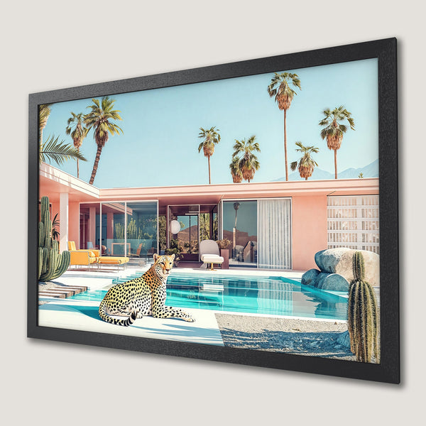 Framed Poster: Mid-century modern art print with leopard by a pool, pastel colors, palm trees. Perfect wall decor.