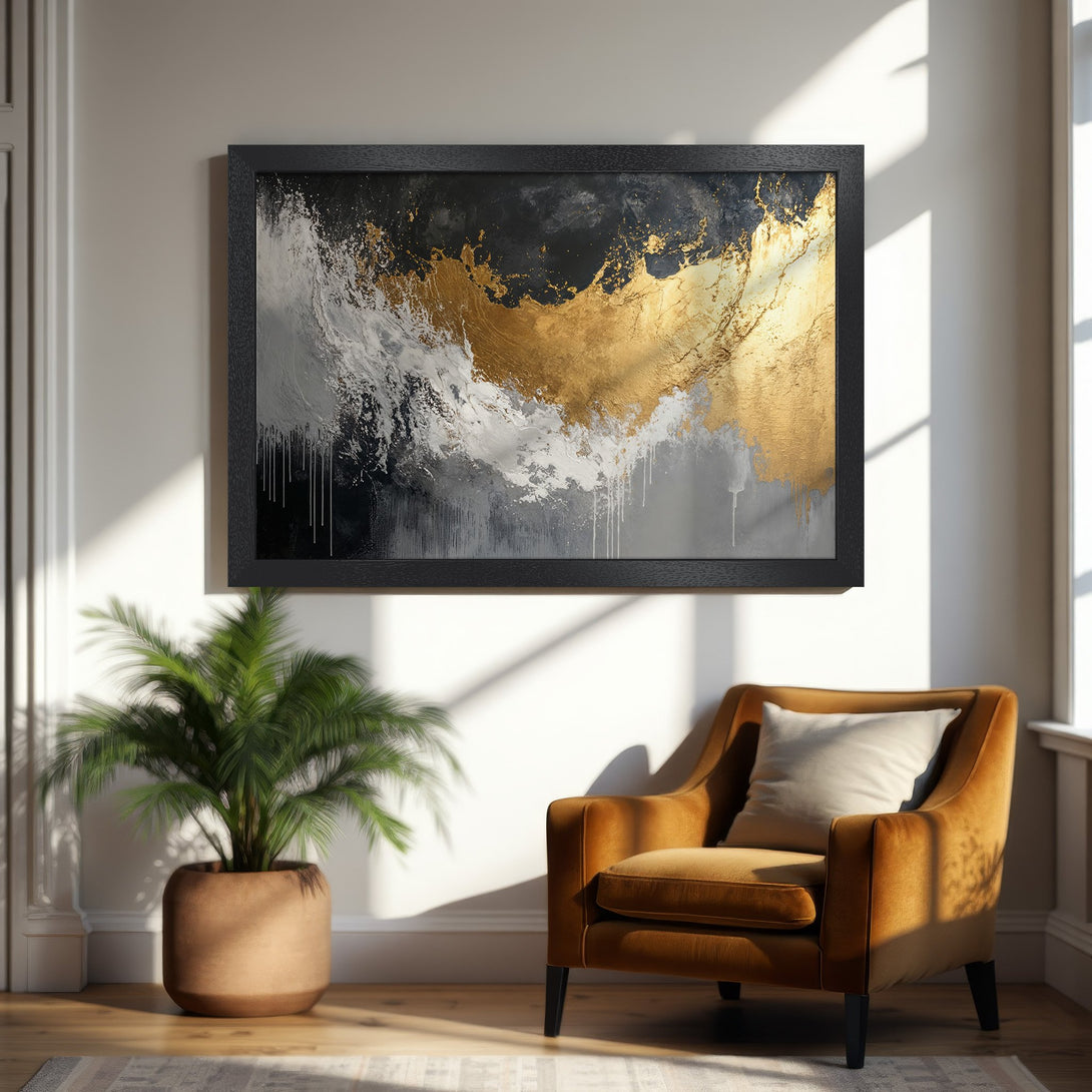 Framed Poster featuring abstract art in gold, black, and white. Modern style, perfect for home decor.