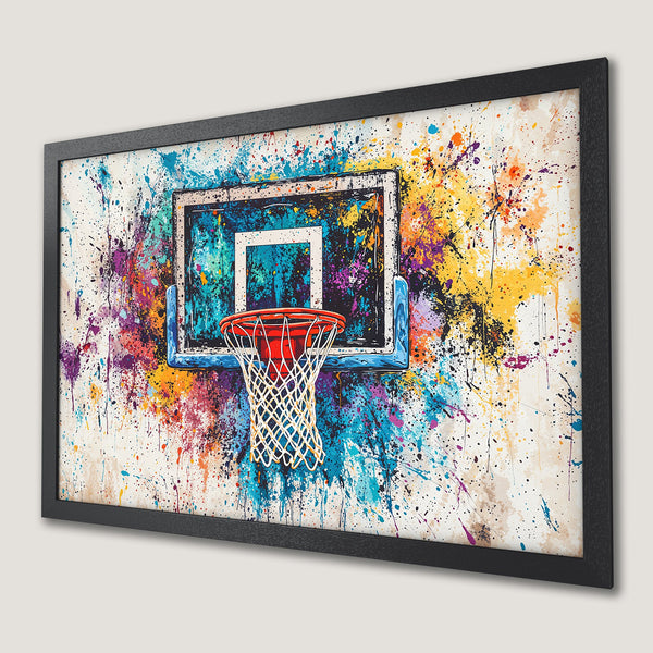Framed Poster featuring a basketball hoop with vibrant, colorful splatter art. Perfect wall decor for sports fans!