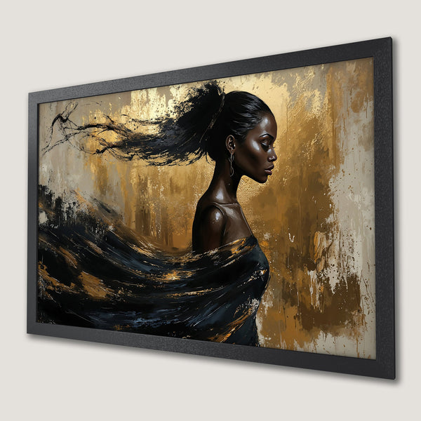 Framed Poster featuring a woman with flowing hair, abstract style, gold and black color palette, perfect wall art.