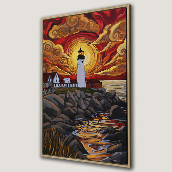 Framed Wall Art of a lighthouse at sunset. Bold, stylized painting with a warm red, orange, and yellow color palette. Perfect coastal decor.