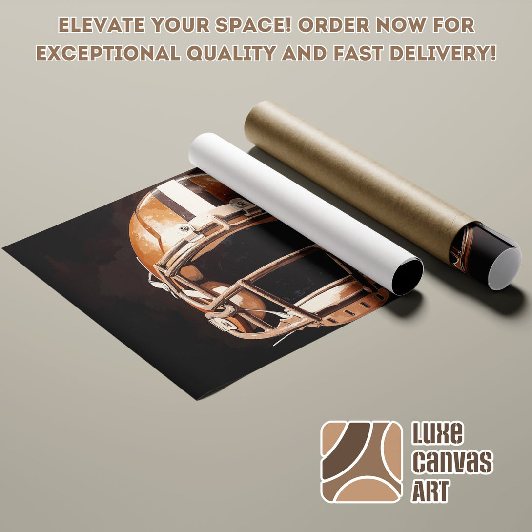 Football helmet poster roll in brown & black tones. Elevate your space with Luxe Canvas Art!