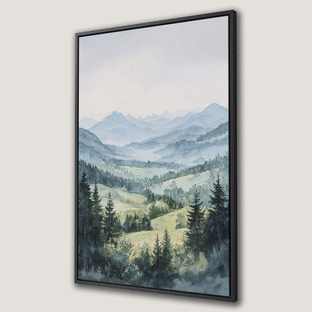 Framed Wall Art: Watercolor landscape Canvas Print with a serene mountain scene in blue and green tones. Perfect for adding a touch of nature to your home decor.