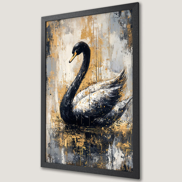 Framed Poster featuring a black swan in a serene, abstract style with gold and gray tones. Perfect wall art!