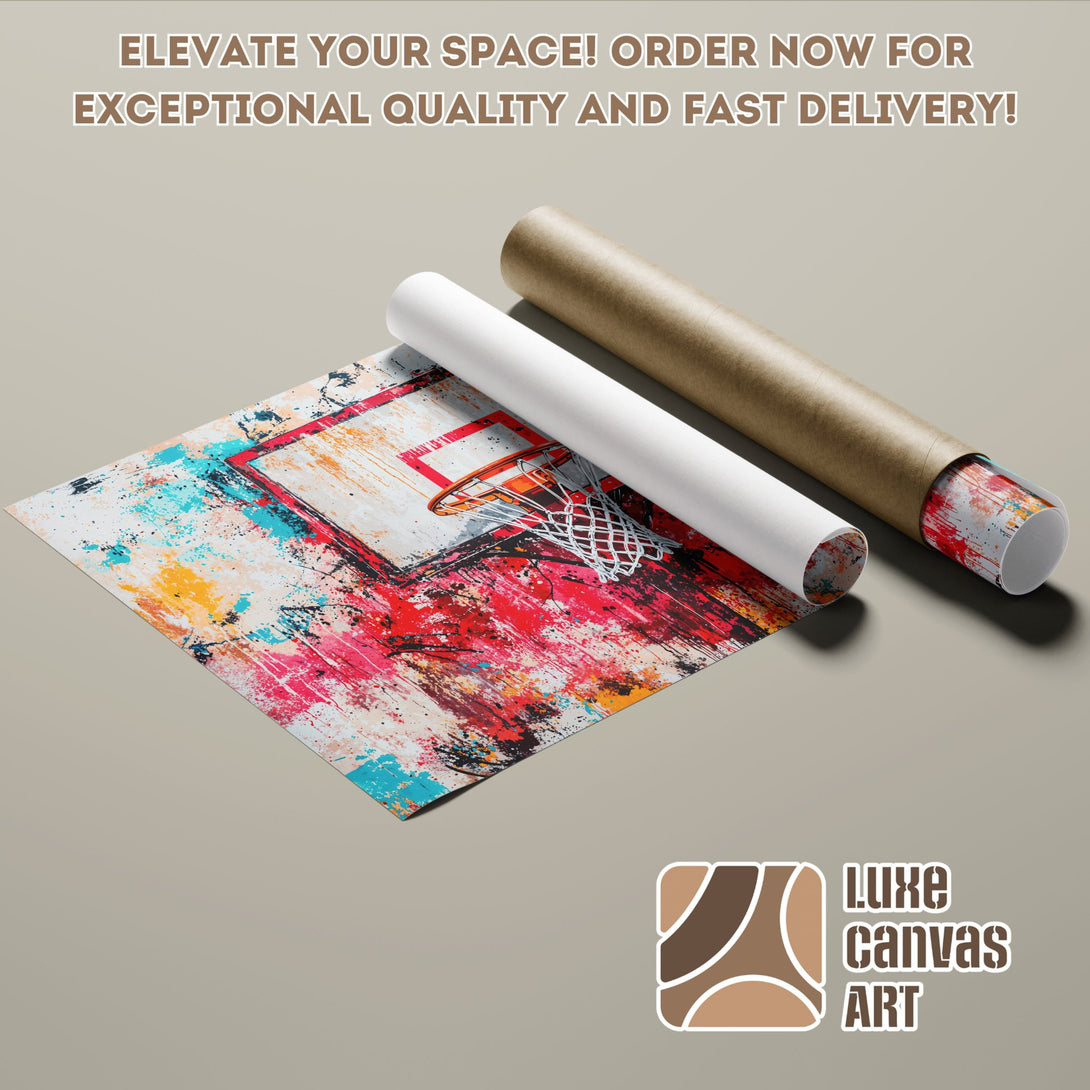 Abstract basketball art poster roll. Vibrant red, blue, & yellow color palette. Elevate your space with Luxe Canvas Art!