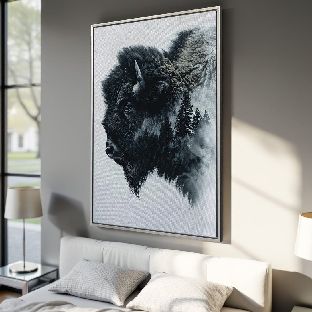 Framed Wall Art: Majestic bison portrait in grayscale, perfect for modern decor. Elevate your space with this stunning black and white Canvas Print.