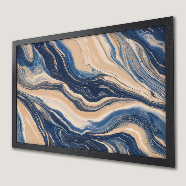 Framed Poster featuring abstract fluid art in navy blue and beige tones, perfect wall decor.