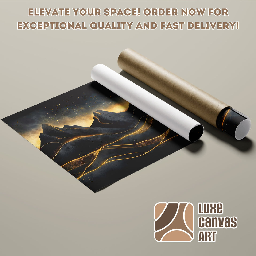 Poster Roll featuring a black mountain landscape with gold accents. Modern art, dark color palette.