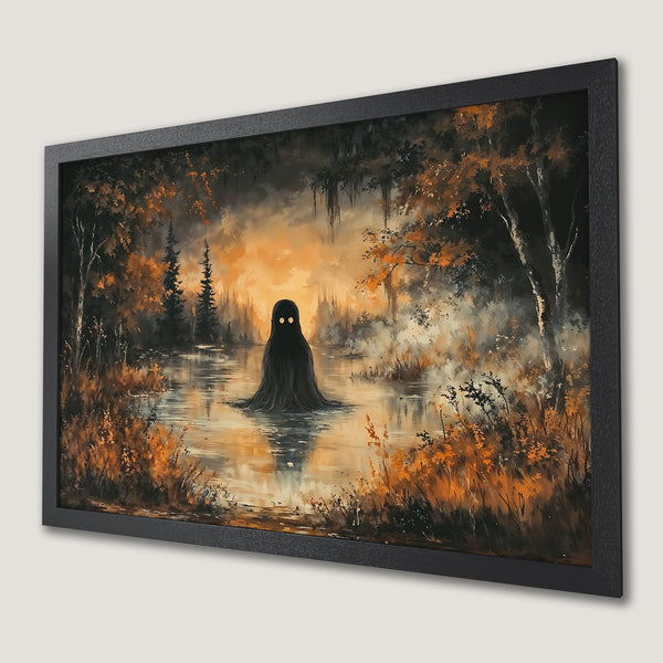 Framed Poster: Spooky swamp art with a black figure, warm orange and dark green color palette. Perfect wall decor.