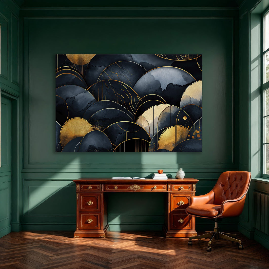 Framed Wall Art: Abstract navy and gold canvas print. Modern art with gold accents in a dining room setting. Elevate your home decor!
