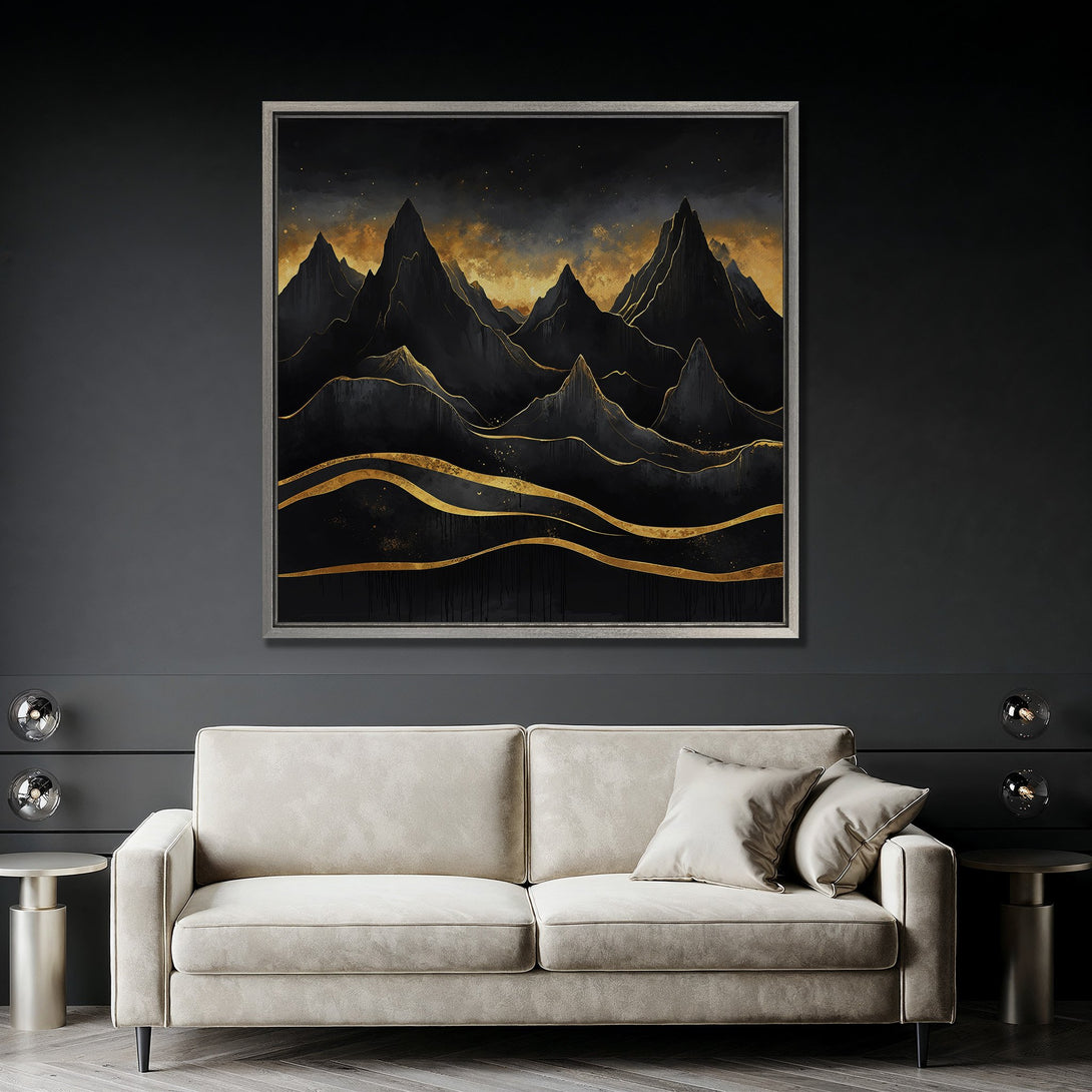 Framed Wall Art featuring a black and gold abstract mountain landscape. Modern art piece with a dark, moody color palette. Perfect for home decor.