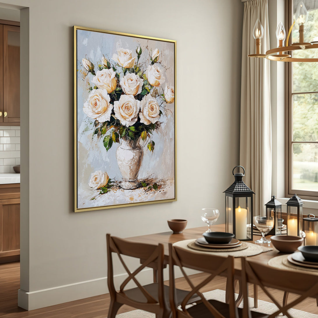Canvas Print of white roses in a vase, displayed in a rustic interior. Neutral color palette with warm tones. Perfect wall art for any home.