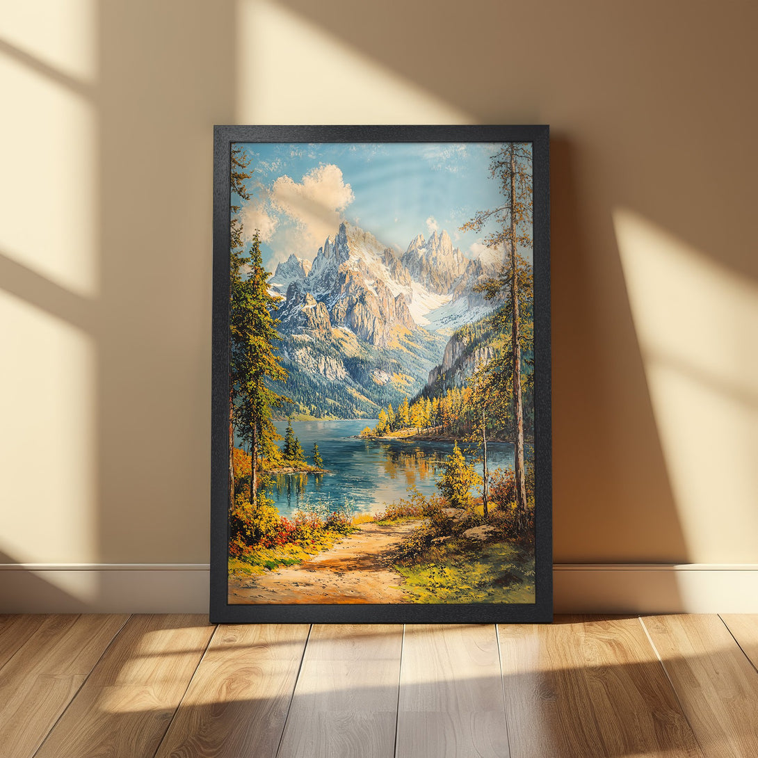 Framed Poster of a majestic mountain lake landscape in a vibrant, painterly style with a warm, natural color palette.