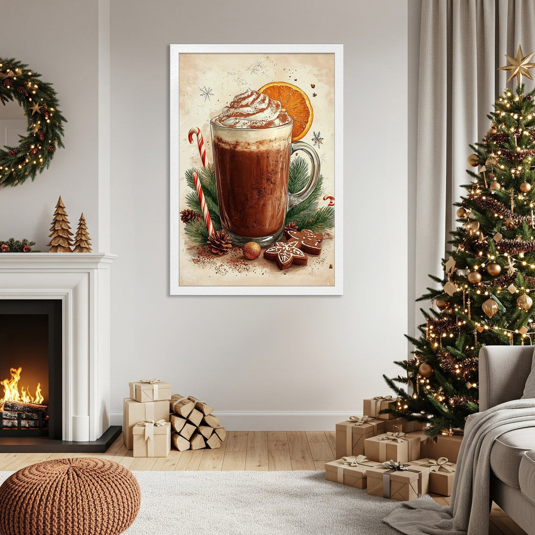Framed Poster of a cozy winter drink illustration. Warm, inviting colors in a festive setting. Perfect holiday decor!
