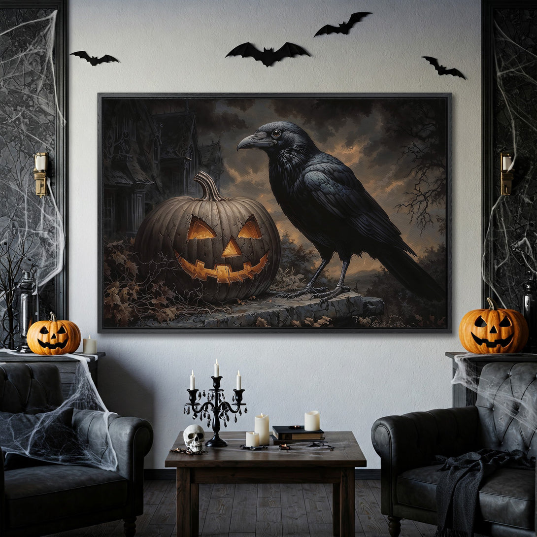 Framed Wall Art: Spooky Halloween raven and jack-o'-lantern print in dark, moody tones. Perfect for adding a touch of gothic style to your home.