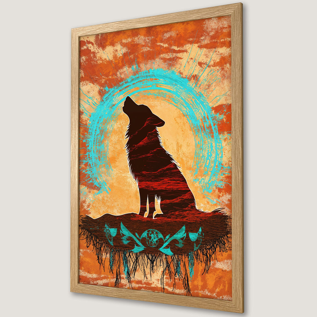 Framed Poster featuring a howling wolf silhouette against an orange & teal abstract background. Perfect wall art for a modern, nature-inspired aesthetic.