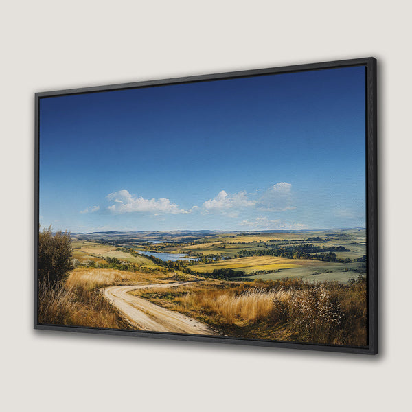 Framed Wall Art of a scenic landscape with a winding road, featuring a blue sky and warm, earthy tones. Perfect for home decor.