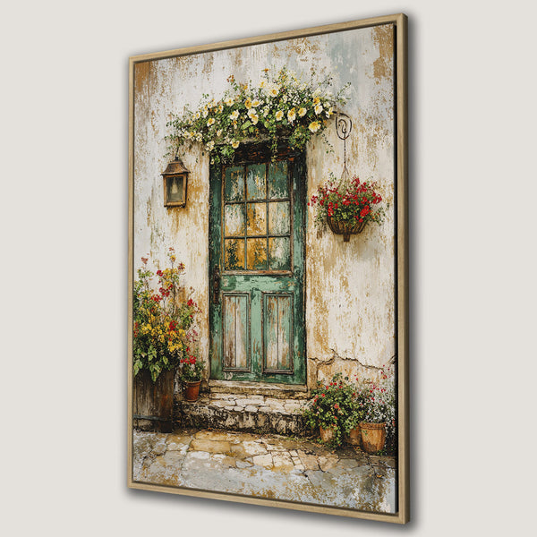 Framed Wall Art of a rustic door with flowers, featuring a warm, inviting color palette. Perfect for adding charm and character to your home decor.