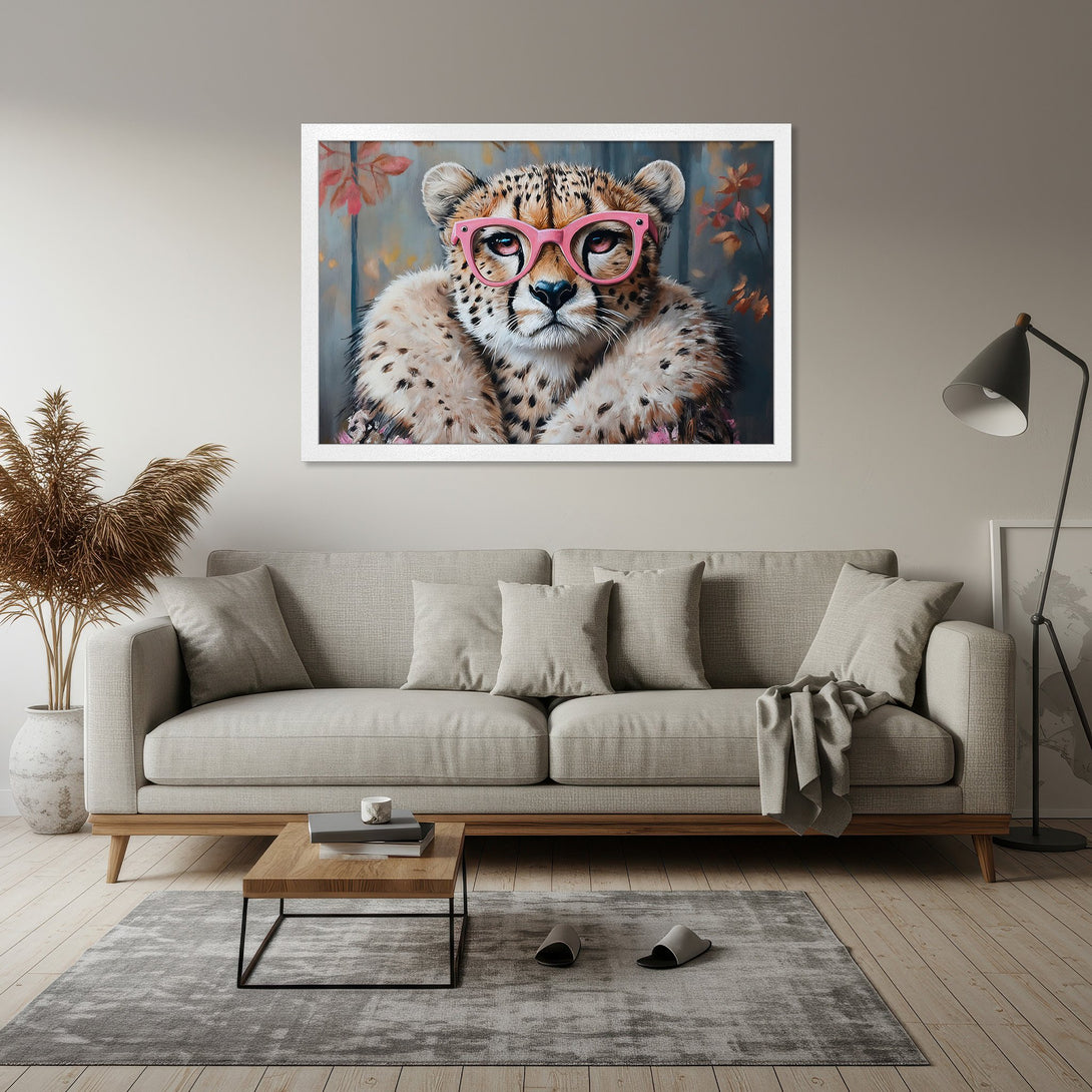 Framed Poster featuring a cheetah wearing pink glasses, whimsical style, neutral & pink color palette, perfect wall art.