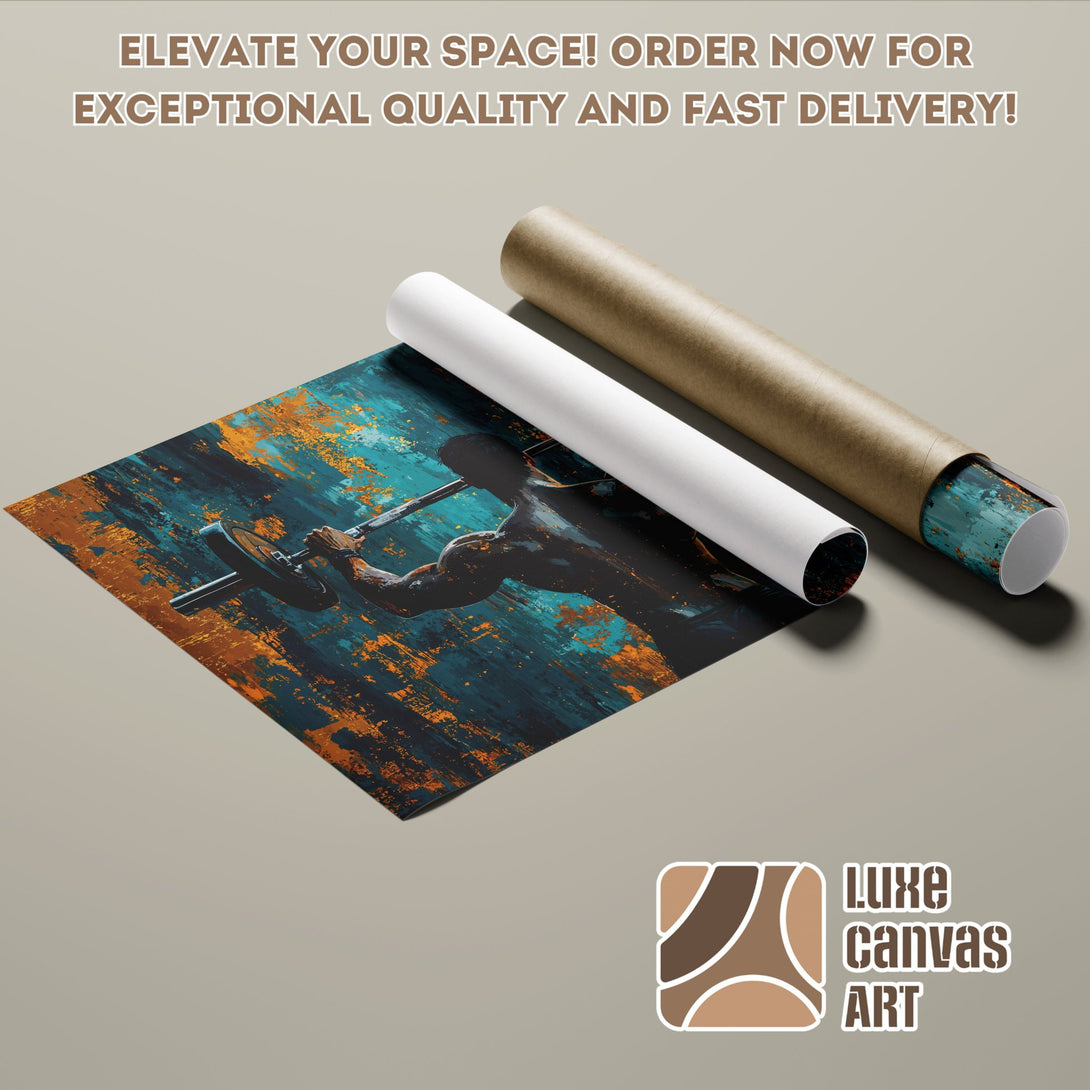 Abstract art Poster Roll featuring a weightlifter, teal & copper color palette. Elevate your space!