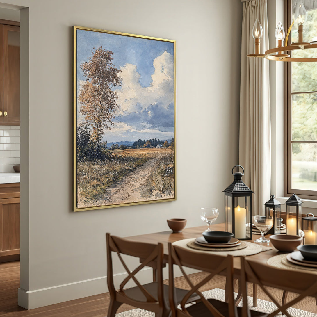 Canvas Print of a serene landscape painting with a neutral color palette. Adds a touch of rustic charm to any space.