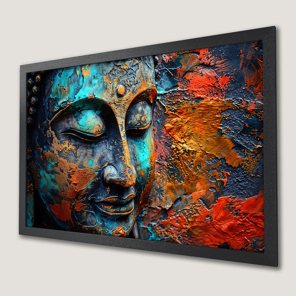 Framed Poster featuring a Buddha face in abstract, textured style with teal, orange, and navy color palette. Perfect wall art.