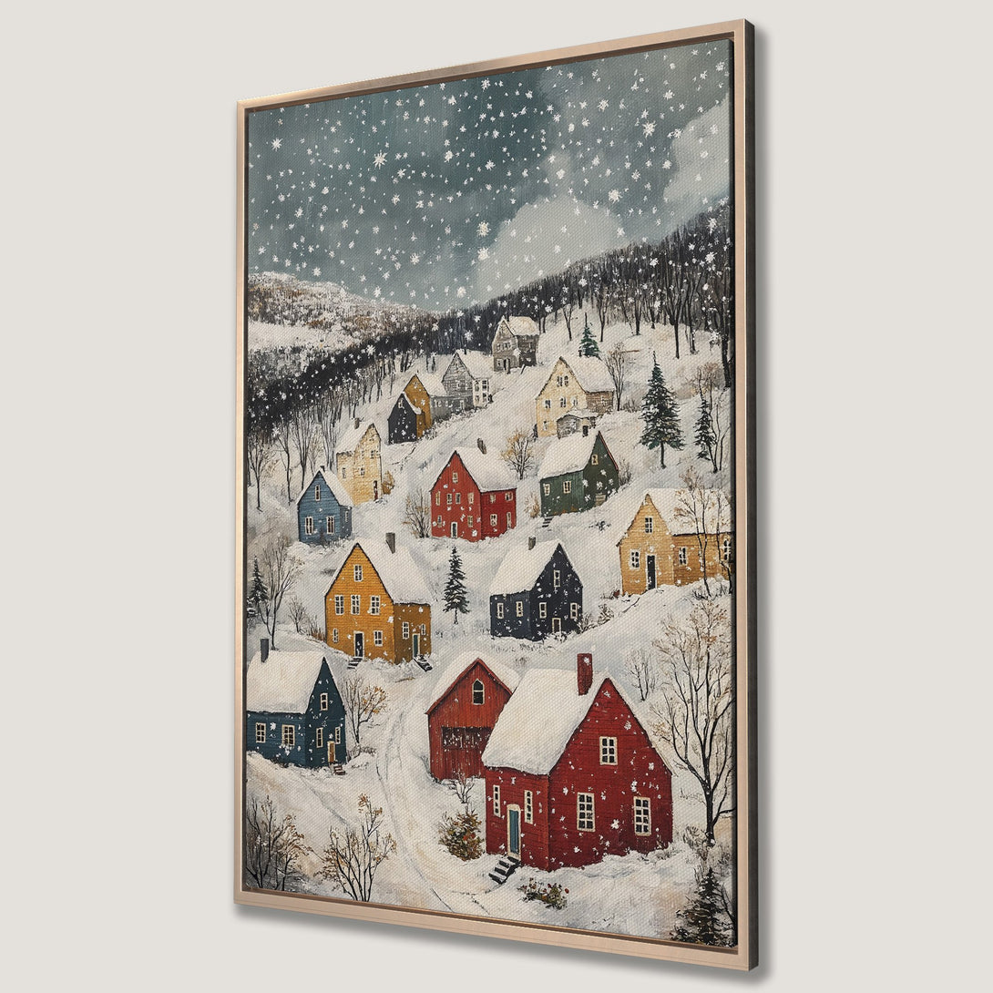 Framed Wall Art: Winter village scene Canvas Print. Charming folk art style with colorful houses nestled in a snowy landscape. Warm, inviting color palette.