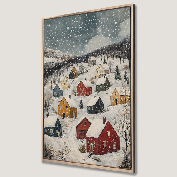 Framed Wall Art: Winter village scene Canvas Print. Charming folk art style with colorful houses nestled in a snowy landscape. Warm, inviting color palette.