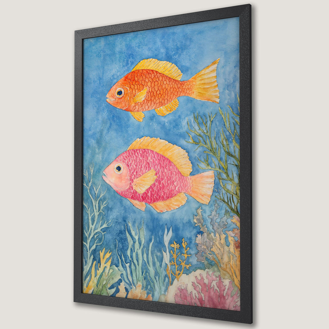 Framed Poster featuring watercolor fish in vibrant orange and pink against a blue background. Coastal art perfect for your home.